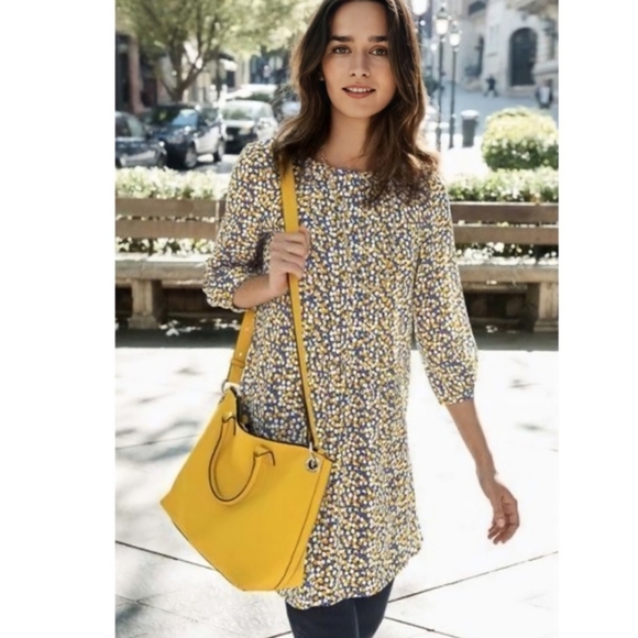 BODEN Aurelia Circles Yellow Navy Blue 1/2 Sleeve Viscose Tunic Dress size 6L - Picture 12 of 12